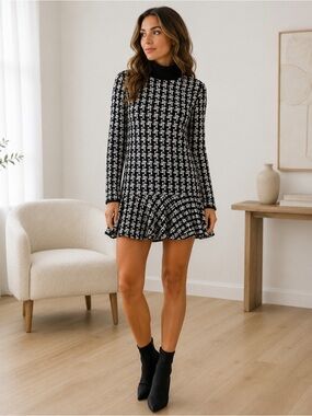 Marc Cain Black White Knit Turtleneck Dress Flounce Hem